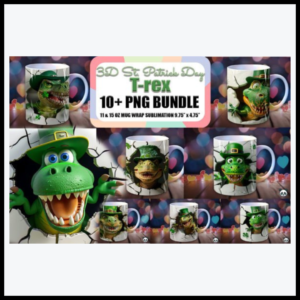 Bundle of 3D Mug Wraps featuring St. Patrick's Day T-Rex theme