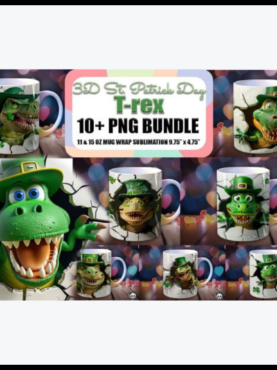 Bundle of 3D Mug Wraps featuring St. Patrick's Day T-Rex theme